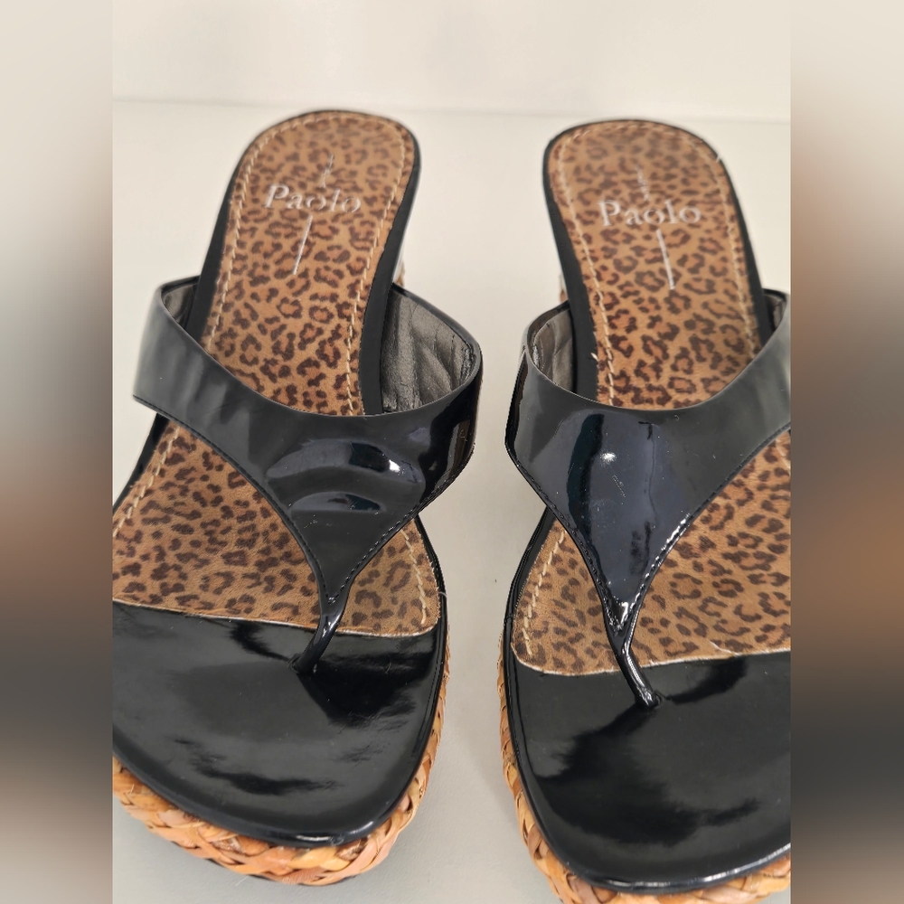 Paolo Black Patent Wedge Sandals Leopard Footbed Thong 3” Heel - Picture 8 of 11